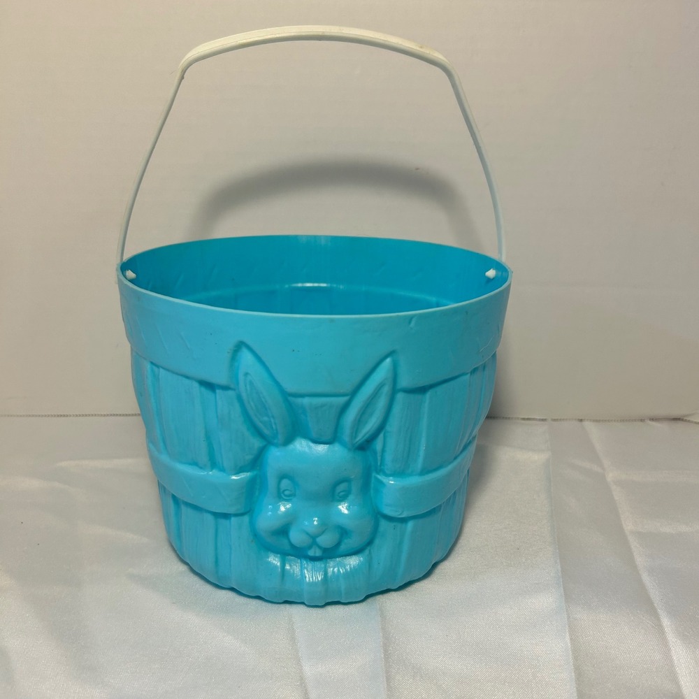 Vintage Blue‎ Plastic Easter Basket Bunny Face Handle Childrens Toy Storage